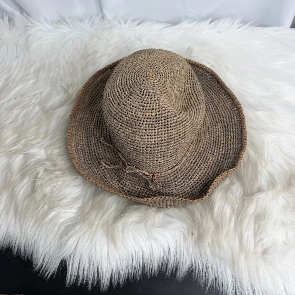 Helen Kaminski Brown Raffia Sun Hat Handmade Madagascar Wavy Brim Women OS